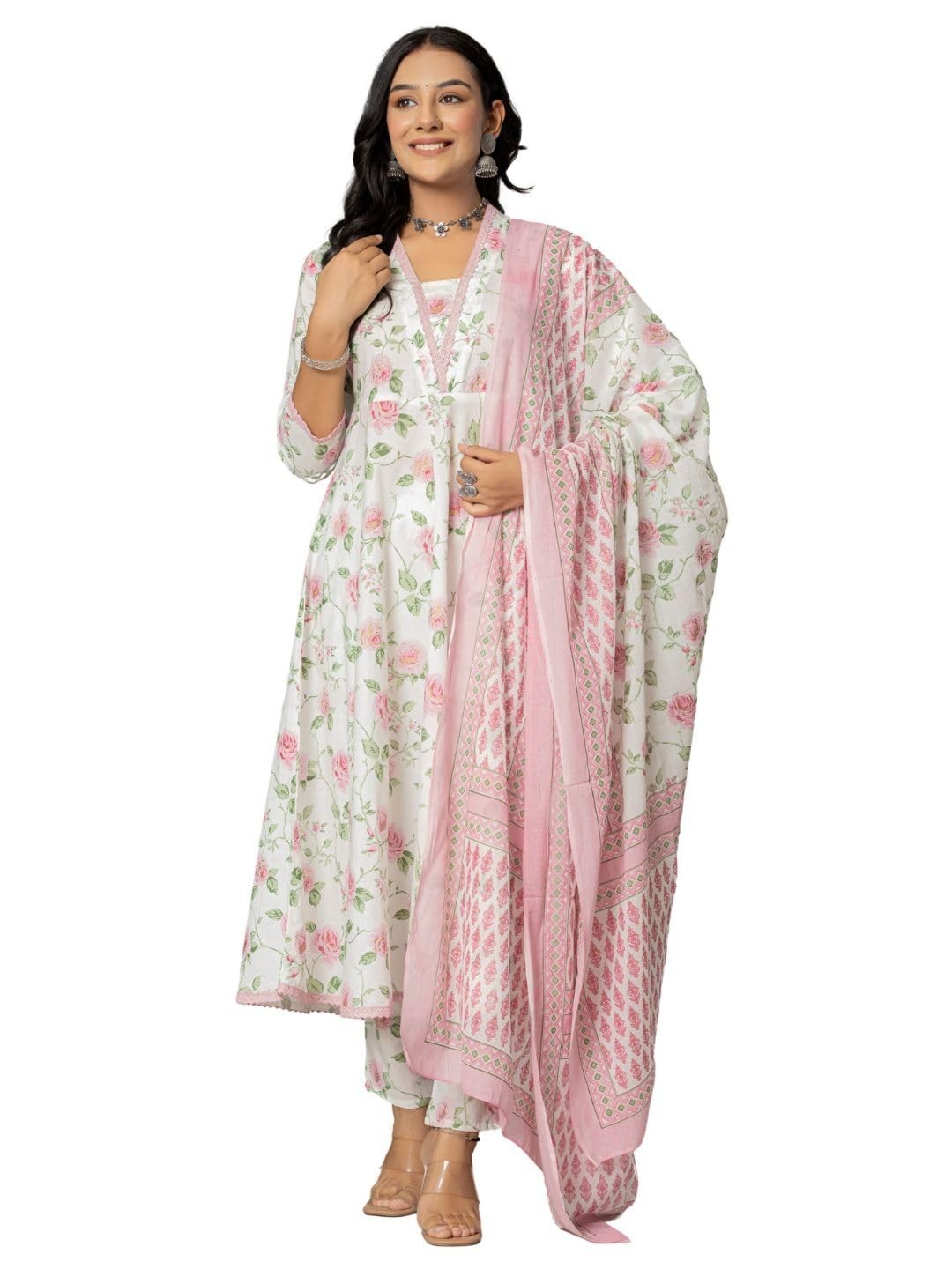 Women’s Cotton Printed Anarkali Kurta with Palazzo Pants and Dupatta