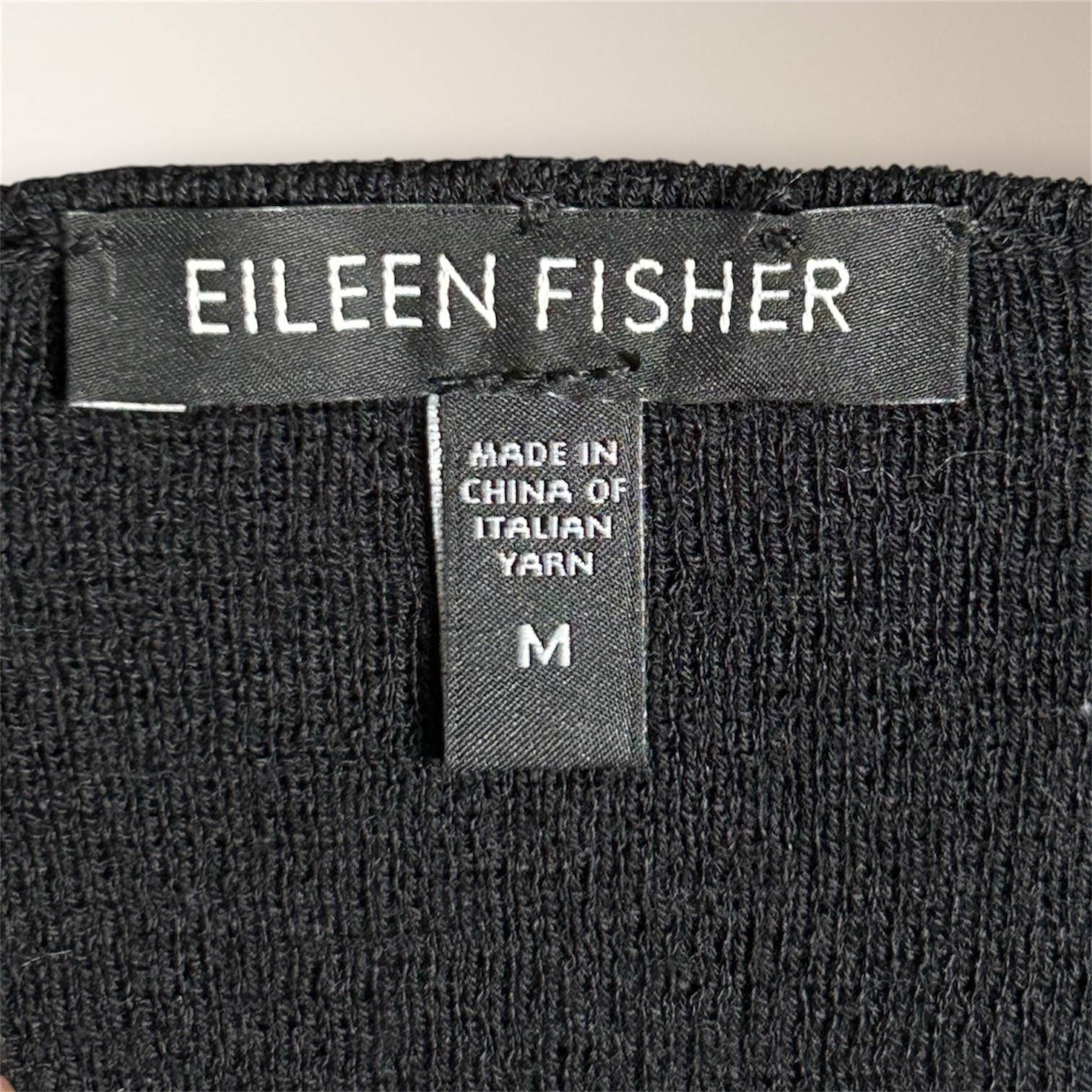 Eileen Fisher M Black 100% Wool Italian Yarn Open Cardigan Front Pockets Sweater