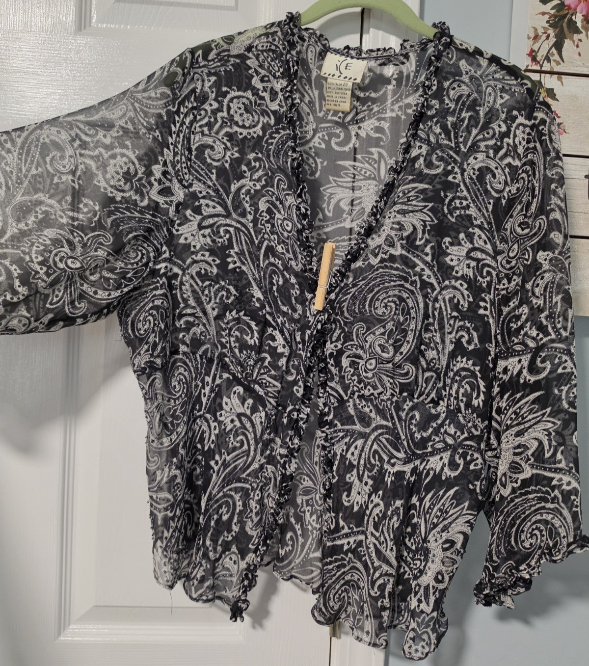 Vintage ICE brand 100% SILK Sheer Top Kimono Ruffles Beaded Accent Y2K ~ size 20
