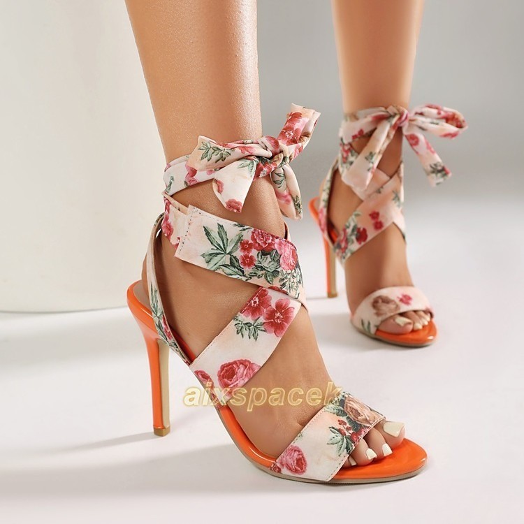 Women’s Floral Print Bow Stiletto Heels Open Toe Ankle Strap Sandals Shoes Pumps