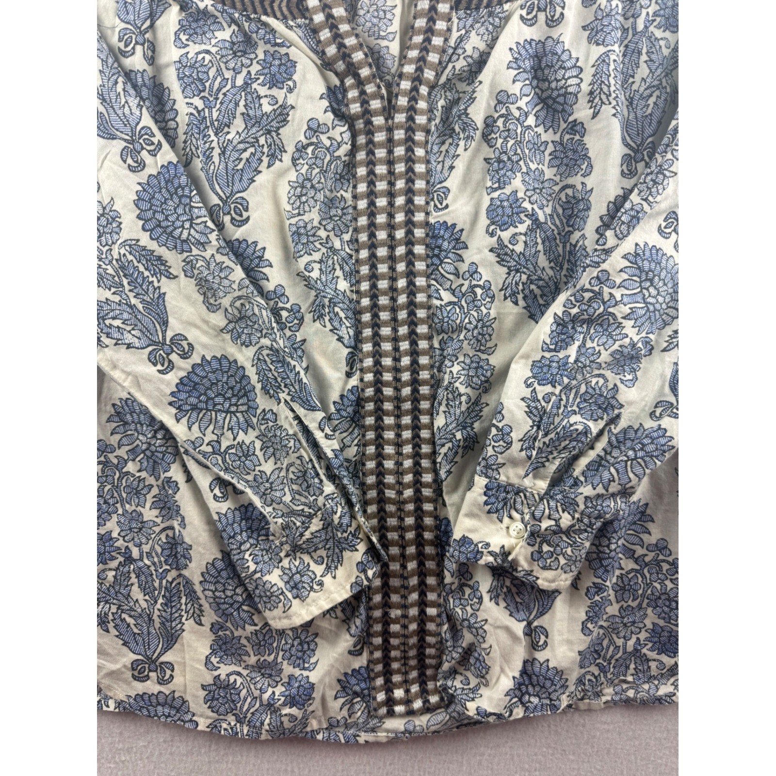 J.Crew Women Blue White Floral Block Print Cotton Split Neck Top B7039 XS