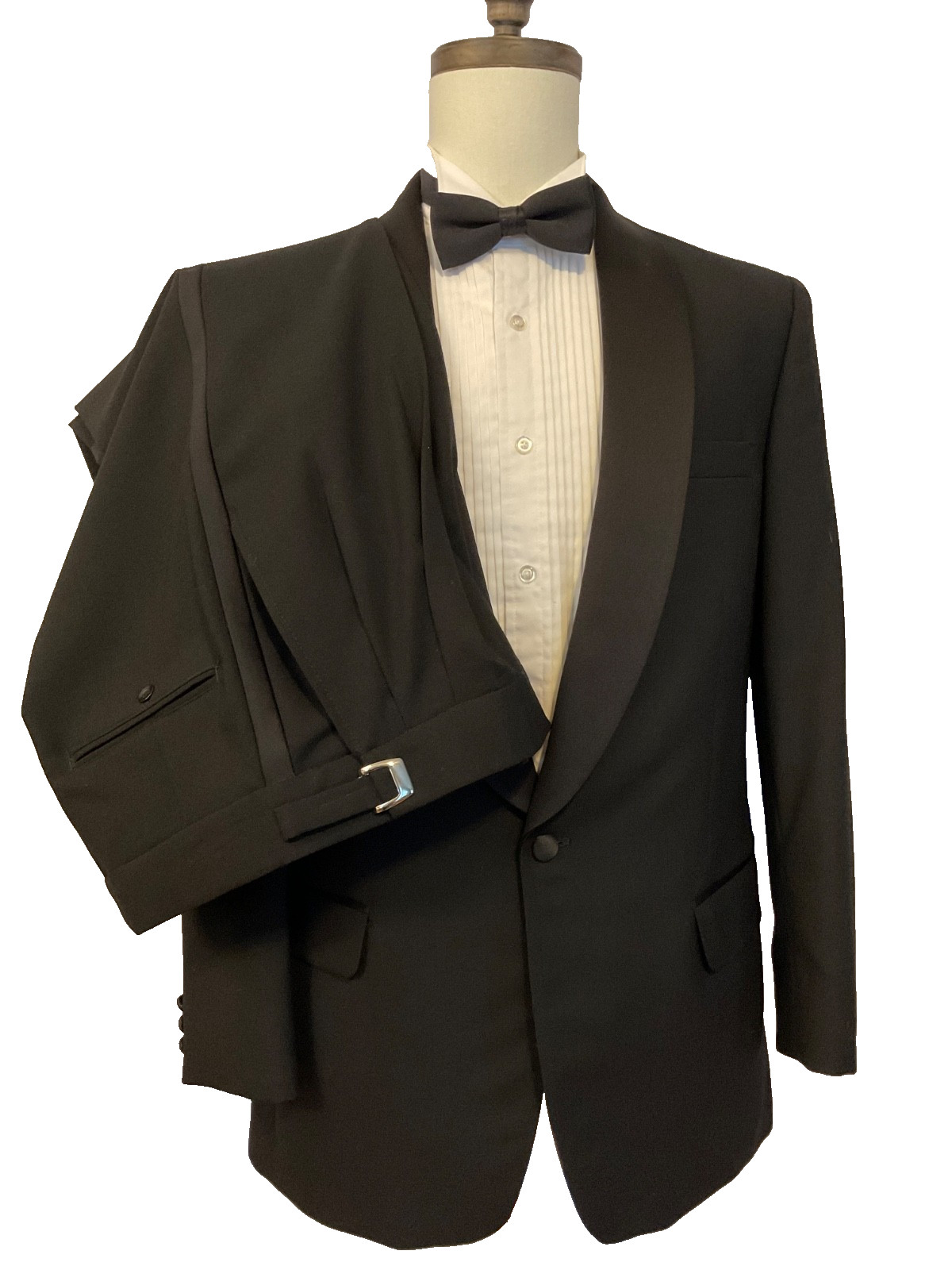 Neil Allyn Tuxedo Suit 38R Black Wool Shawl Collar Adjustable Waist 30-32 USA