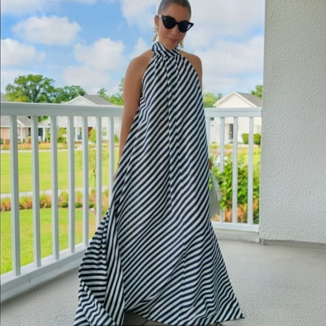 NWT H&M Tie-Detail A-Line Maxi Dress Blue/White Stripe 1337754001 XS,M,L,XL,XXL