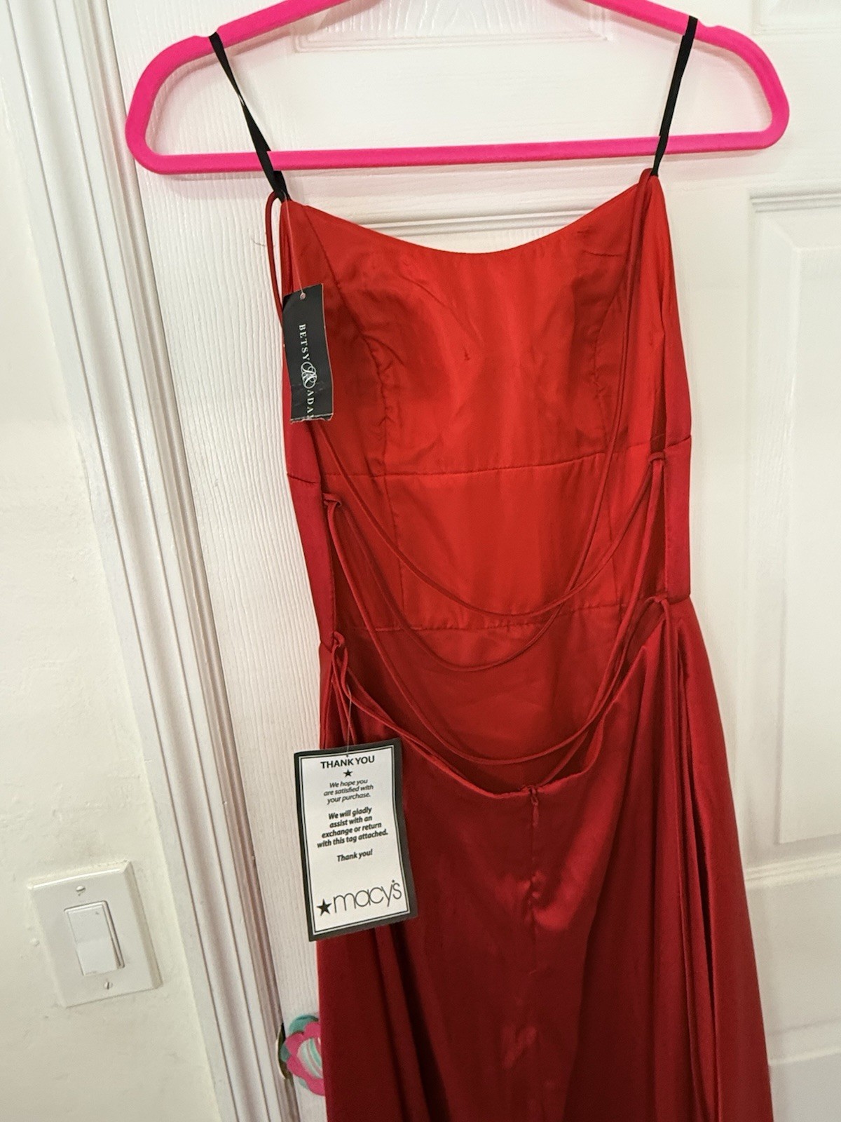 Betsy & Adam Red Satin Long Gown Size 8 Scoop Neck Open Back Pockets Zip