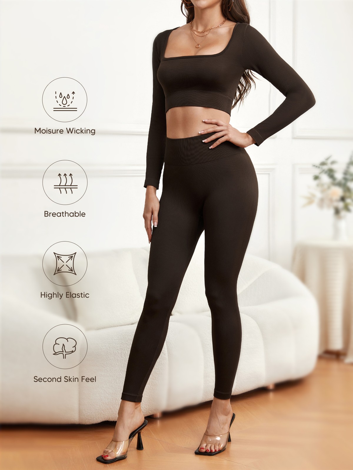 High-Waisted 2-Piece Workout Set Women’s Long Sleeve Top & Leggings for Yoga/Gym