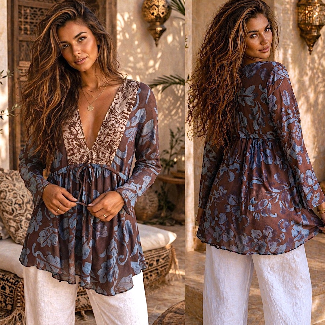 Sweet Pea XL Boho Semi Sheer Festival Tunic Brown Floral V Neck Lagenlook Gypsy