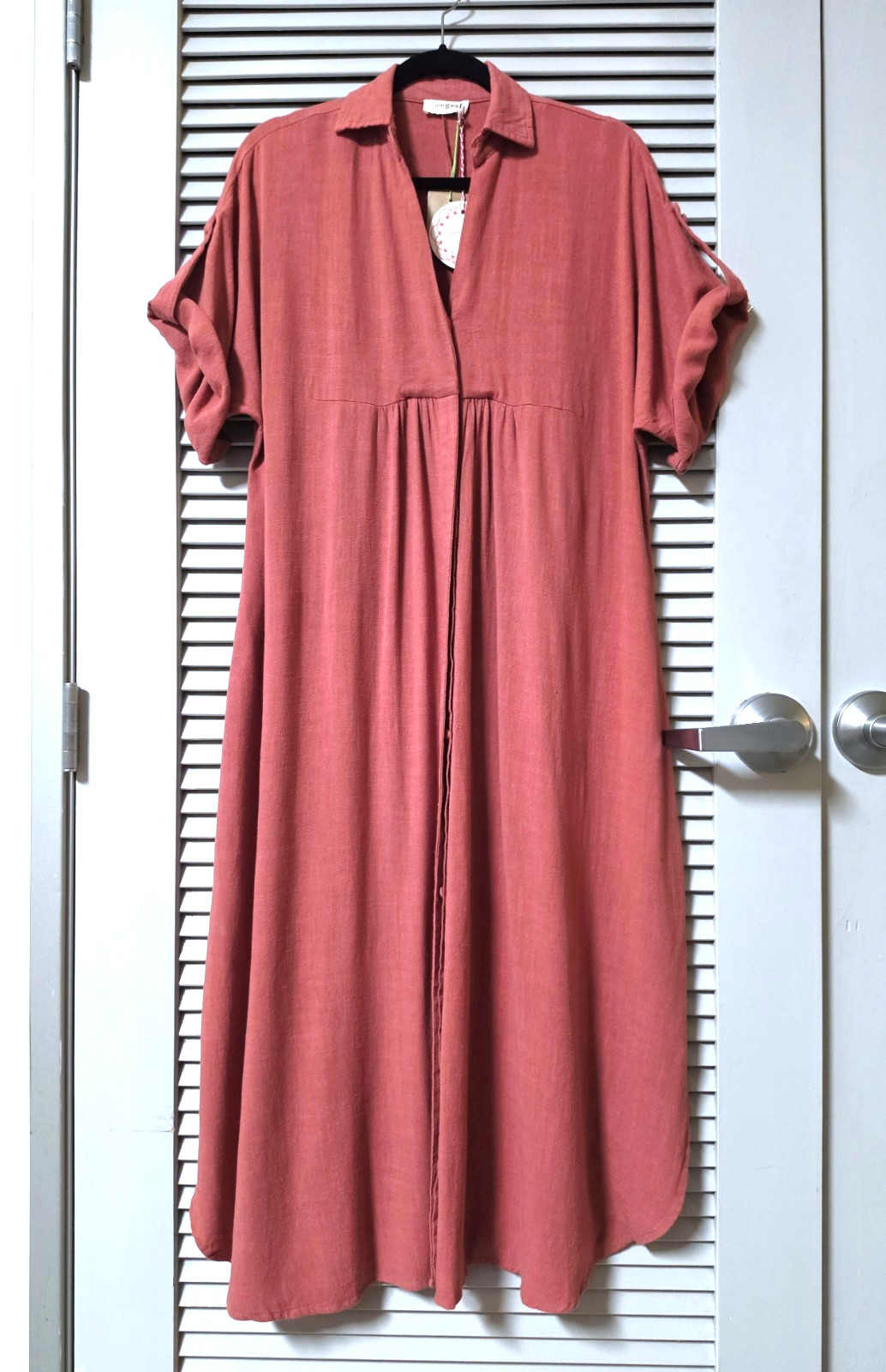 dusty rose roll-up slev button down shirt long dress 1XL