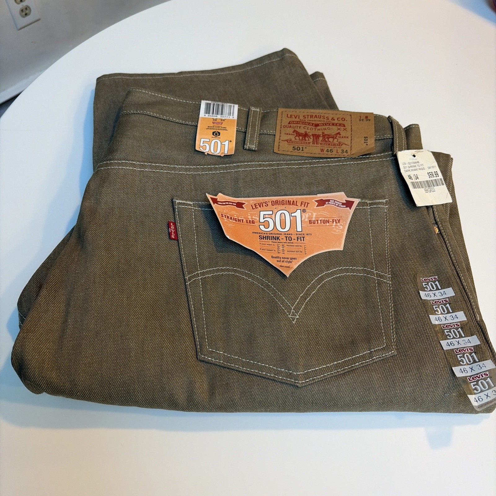Levis 501 Shrink To Fit Button Fly Jeans Color Dark Khaki Rigid 46×34