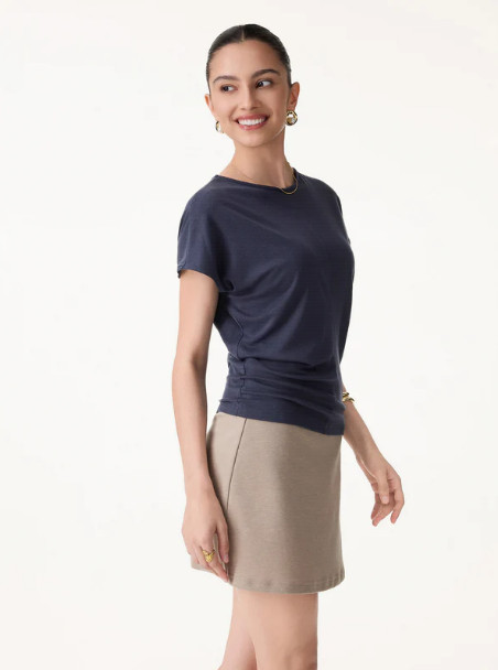 OGL Linen-Blend Round Neck Relaxed Summer Top – Blue Petal