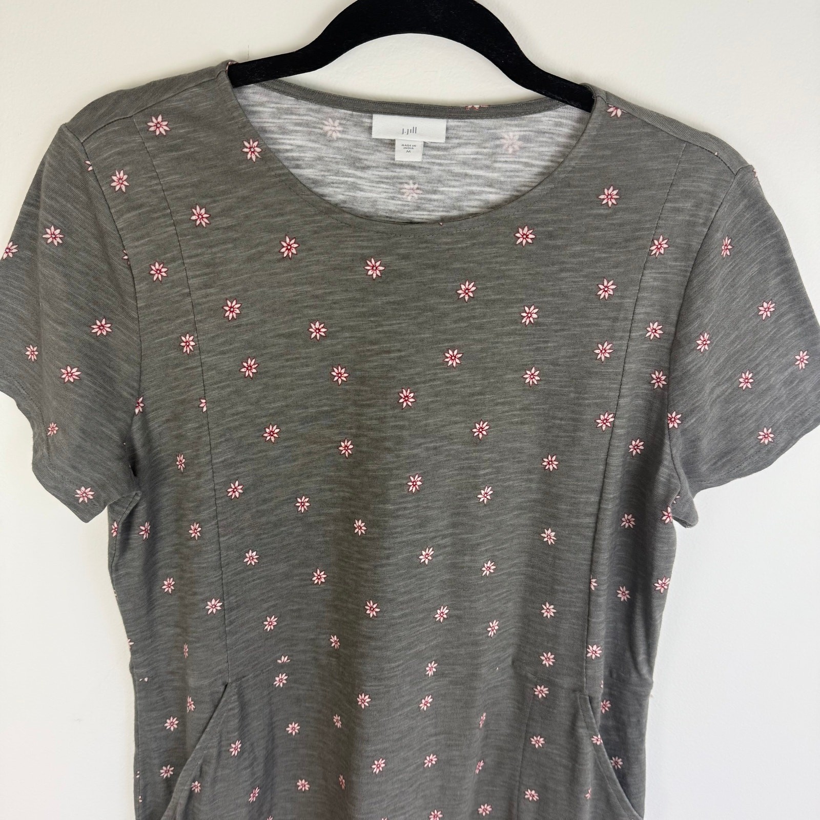 J.Jill Womens Caraway Sheath Short Sleeve Floral Pockets Grey/Red Dress Medium