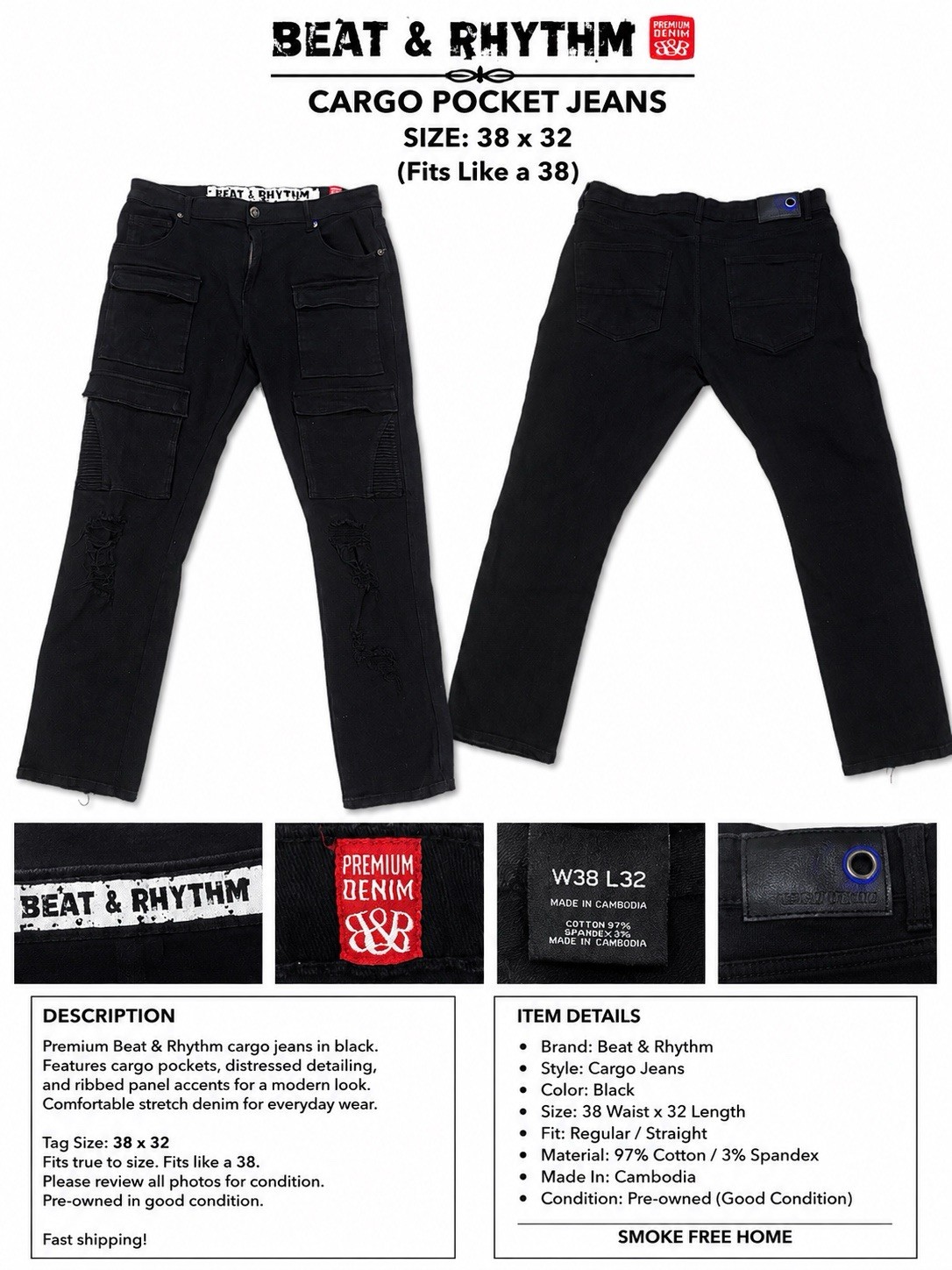 Beat & Rhythm Premium Denim Black Cargo Jeans Men’s 38×32 Distressed Stretch