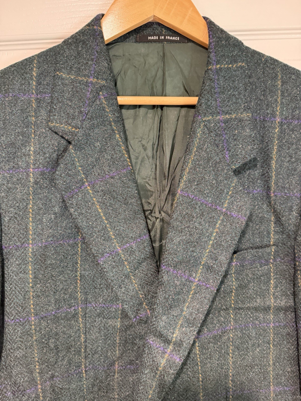 Vintage Pure New Wool Window pane Sports Coat 42S Made In France Green Woolmark