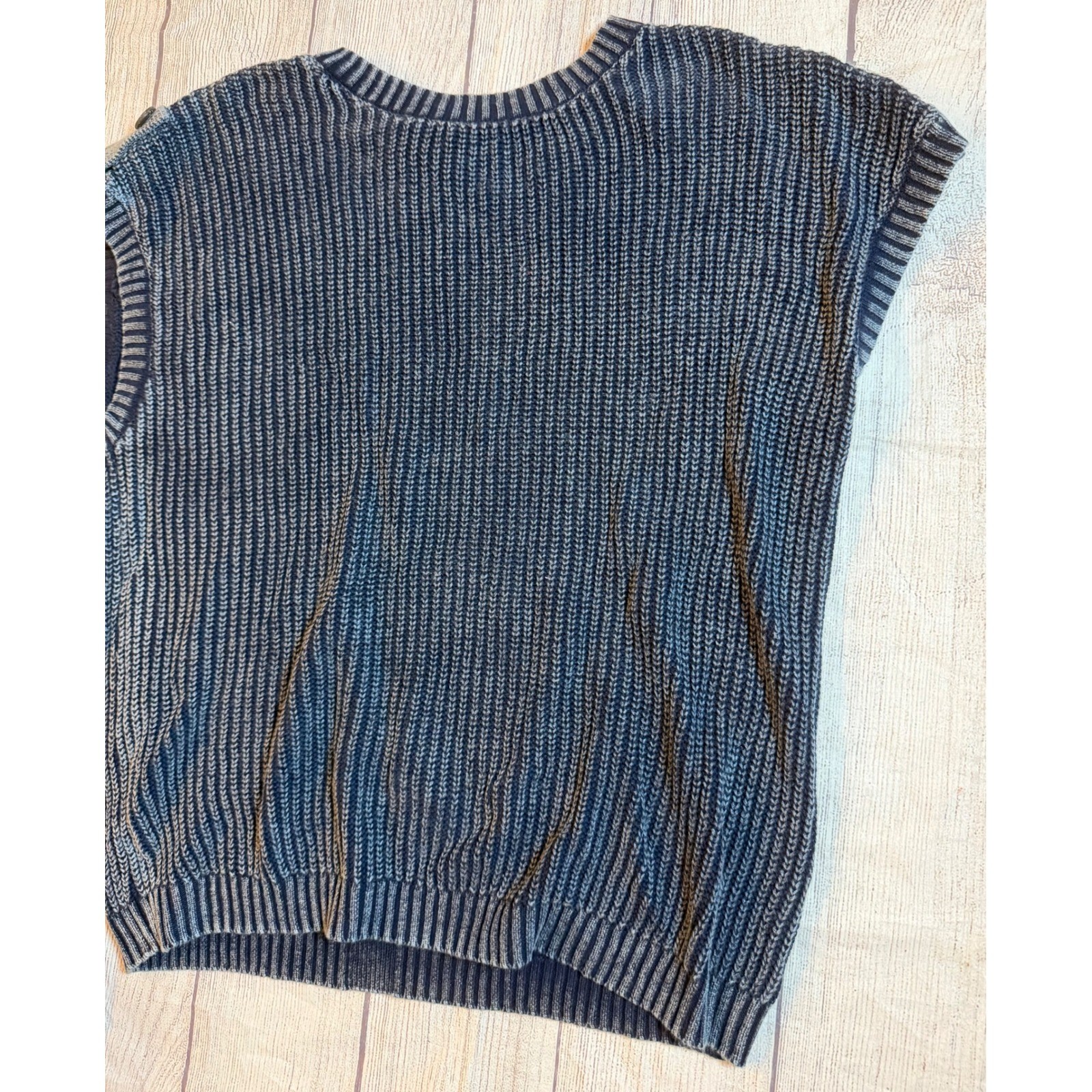Acid Wash Navy Ribbed Knit Button Back Sweater Vest with Epaulets Womens