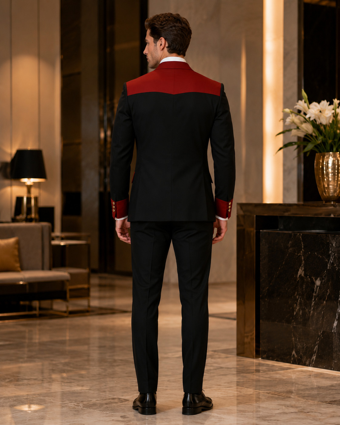 Mens Black Red Double Breasted Tuxedo Suit Gold Button Wedding Groom Prom Wear