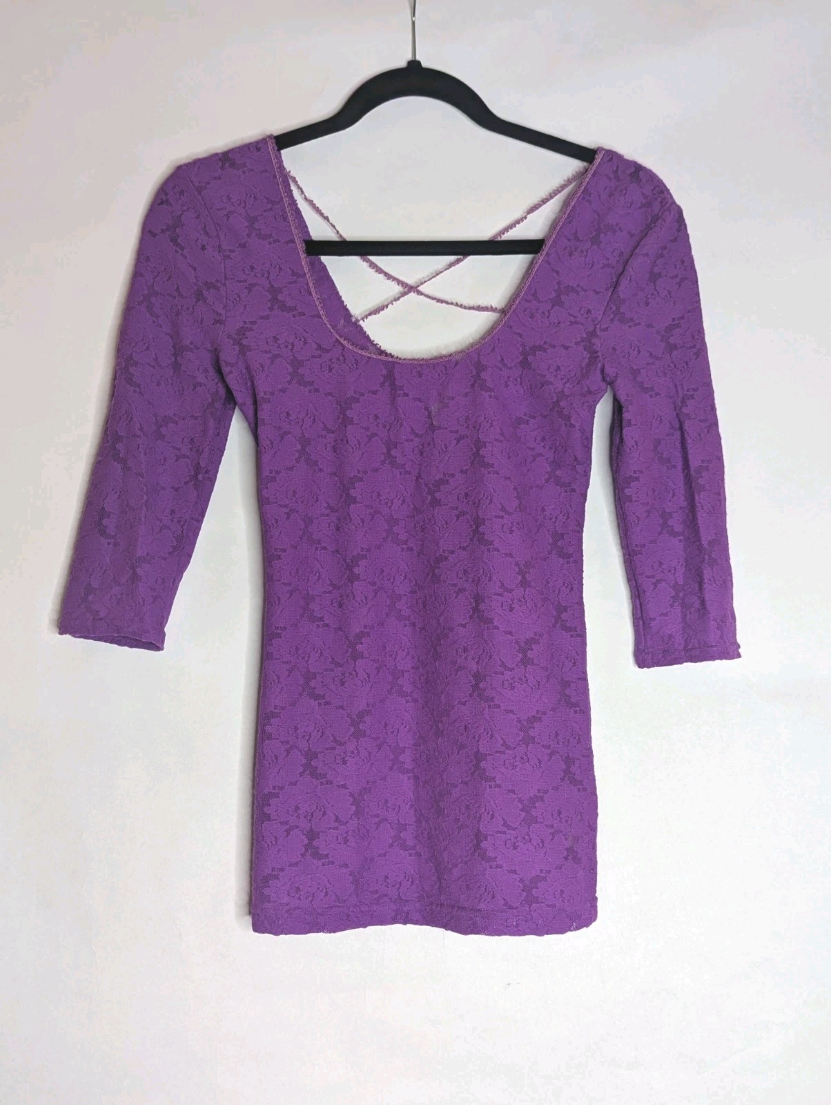 Free People Intimately Top Lace Sz XS Purple Semi Sheer 3/4 Sleeves Sexy Back