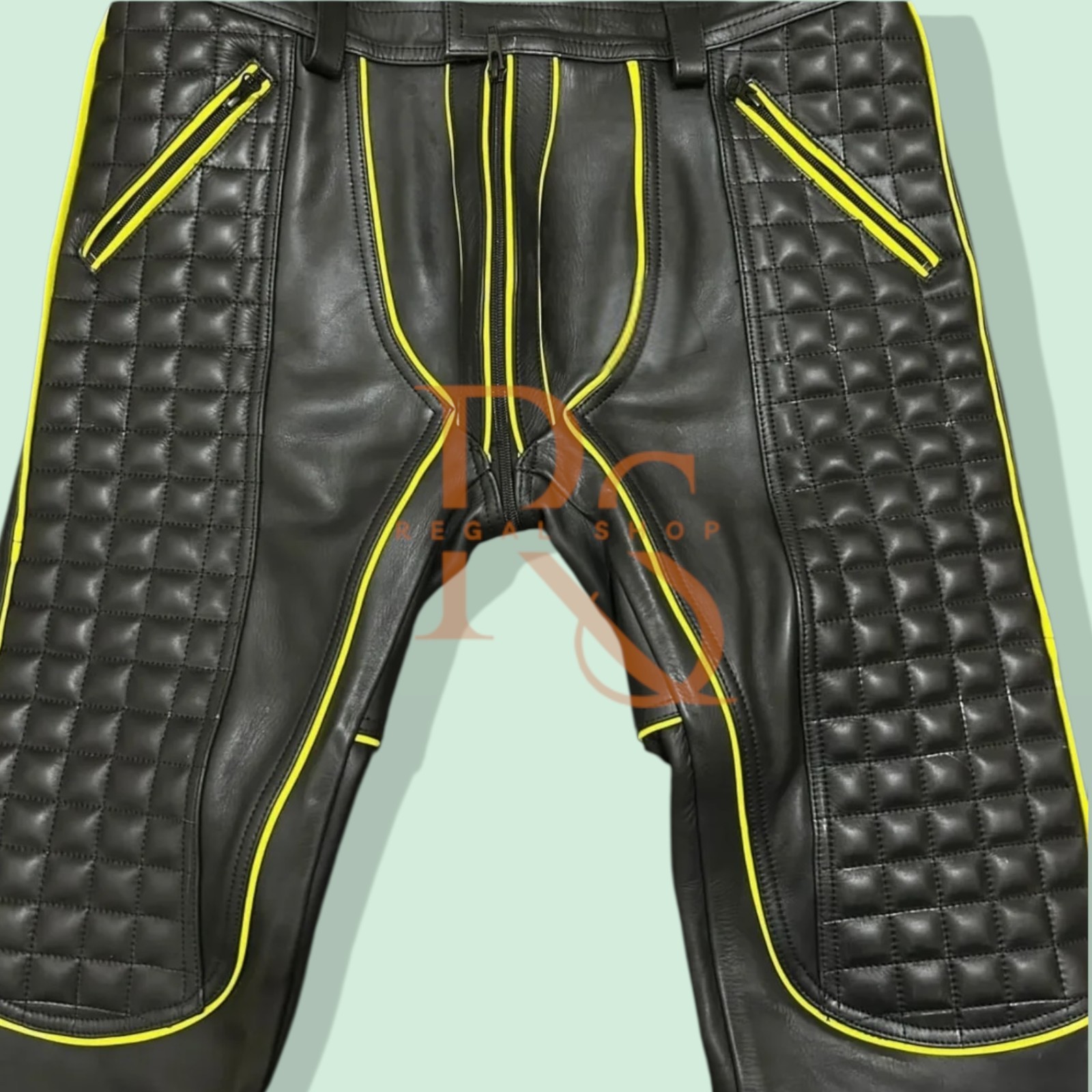 Mens Gay Black Leather Pant Yellow Pipe Line Style Genuine Lambskin Leather Pant