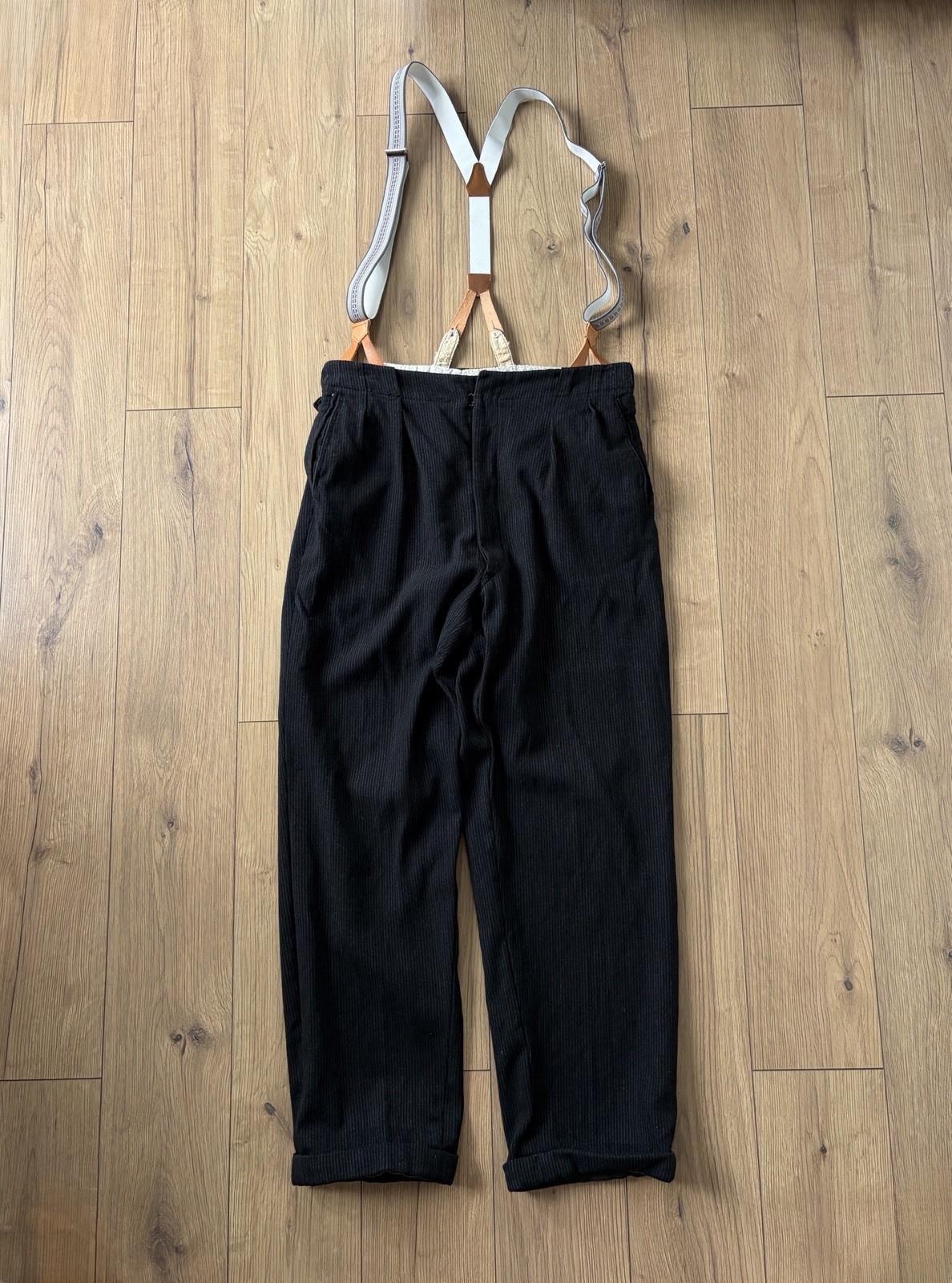 30-50s Work Pinstripe Vtg European Workwear High Waist Suspenders Trousers sz~36