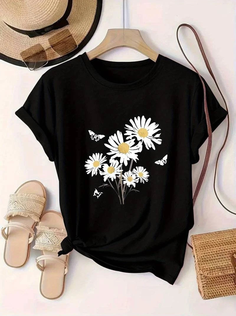 Women Daisy Floral Graphic T-Shirt Summer Flower Casual Crew Neck Tee Top