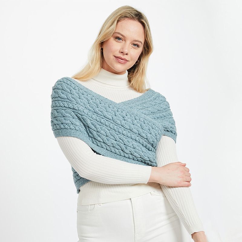 Aran Irish Crossover Wrap 100% Premium Merino Wool Cable Sweater Made in Ireland