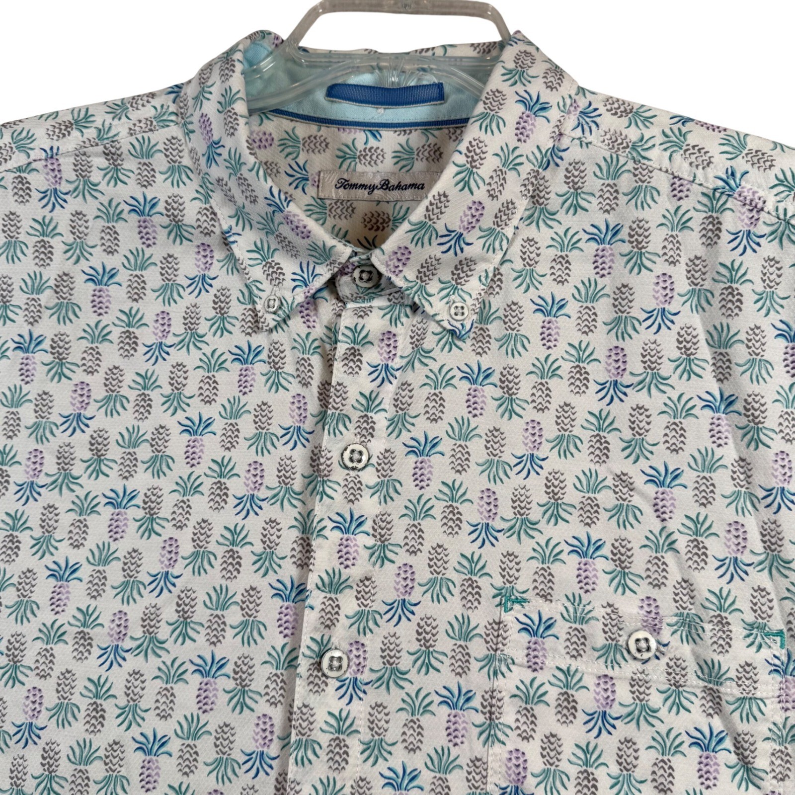 Tommy Bahama Button Down Shirt Mens XL White Blue Pineapple Print Short Sleeve