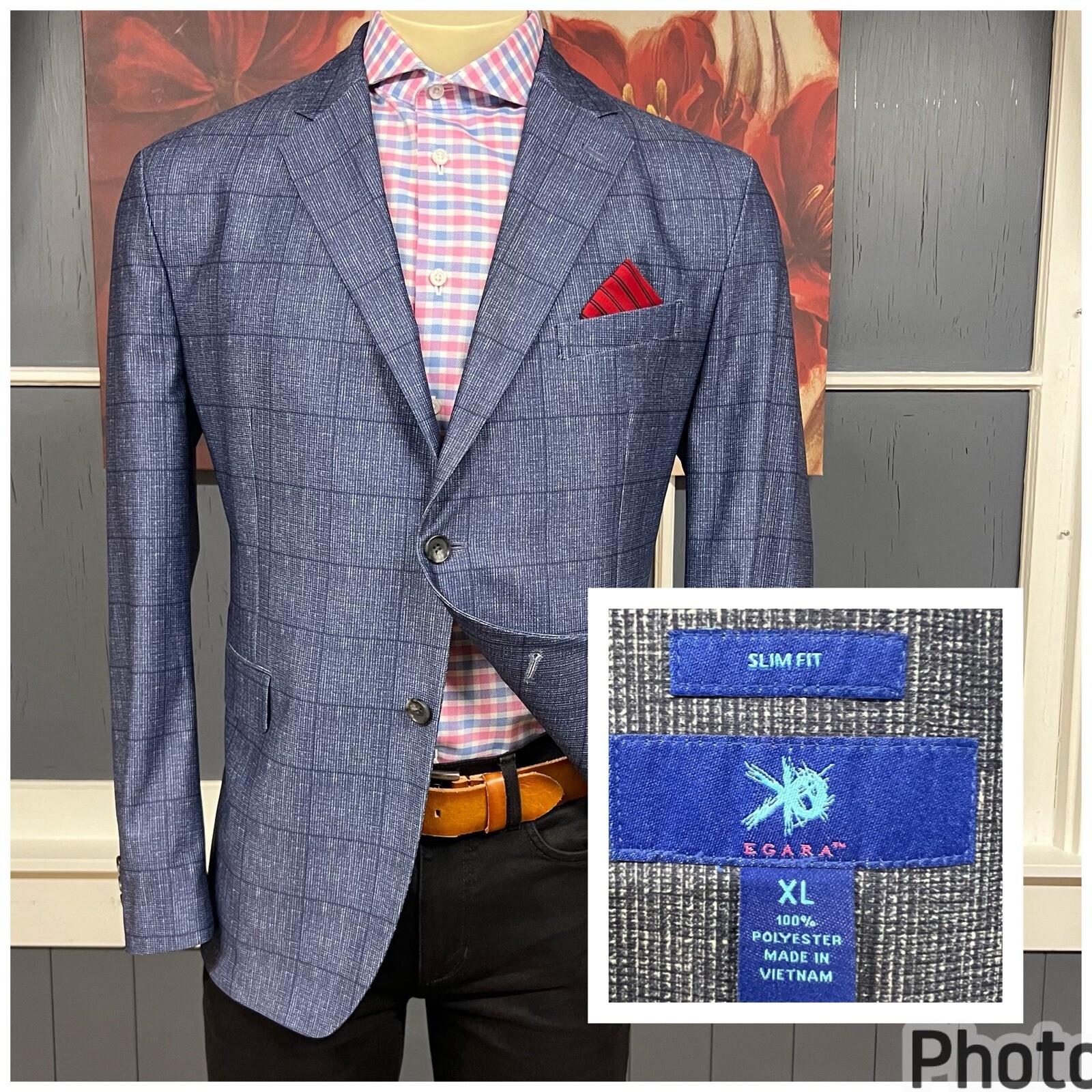 Egara Sport Coat Mens XL Slim Fit Polyester Jacket Unstructured Blazer Blue