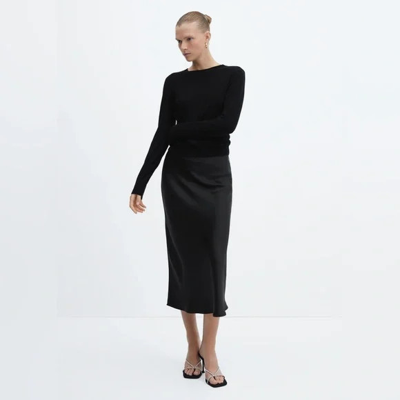 Mango MNG Women’s MIA Black Satin Slip Midi Skirt size XXS