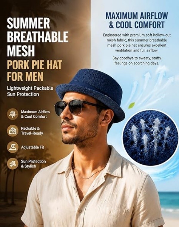Summer Breathable Mesh Pork Pie Hat for Men