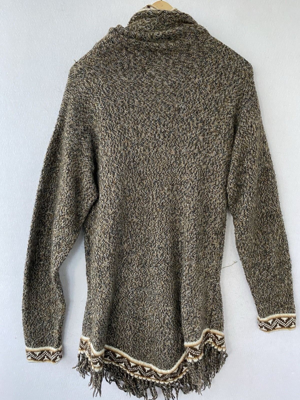 Pahuart SRL Andes Store Alpaca Tie Front Fringe Hooded Pullover Brown Boho Small