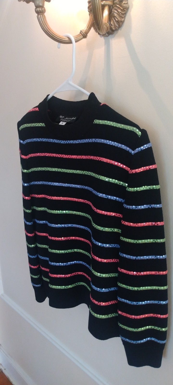 Beautiful St. John Evening Sweater Women M Black Sequin Stripe Metallic
