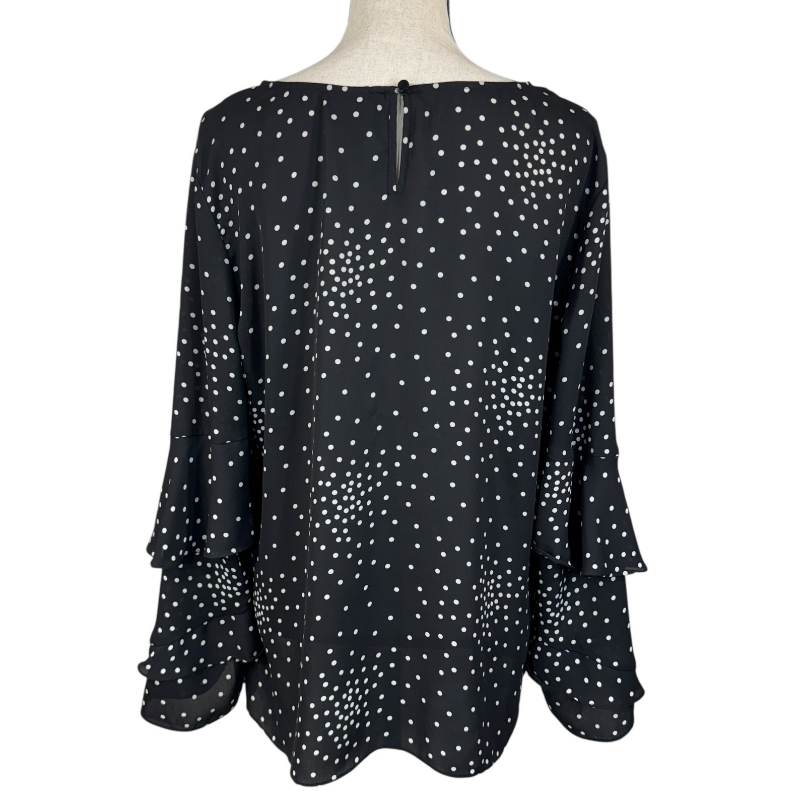Worthington X-Large Top Polka Dot Long Flared Sleeves Keyhole Semi-Sheer Black