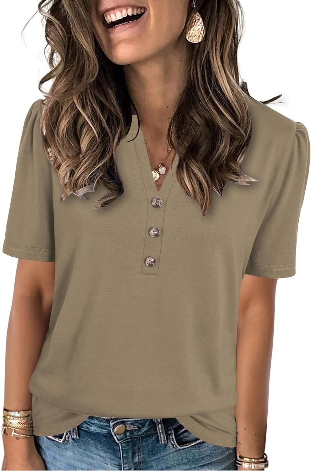 Short Sleeve Womens Casual Shirt Loose Fit V Neck Summer Top Soft Breathable