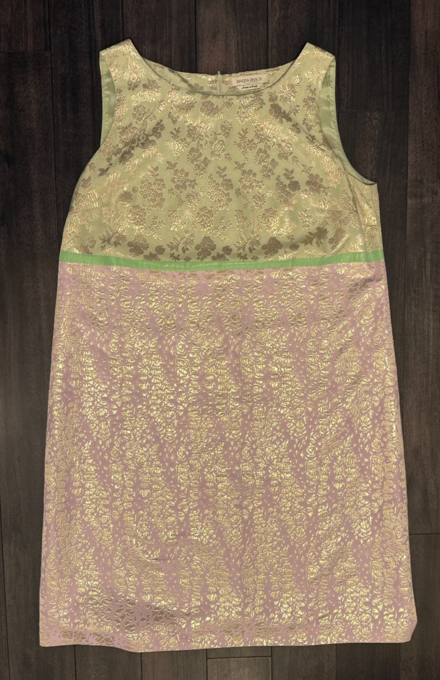 Marina Rinaldi Light Green Pink Gold Jacquard Sleeveless Shift Dress SZ 16