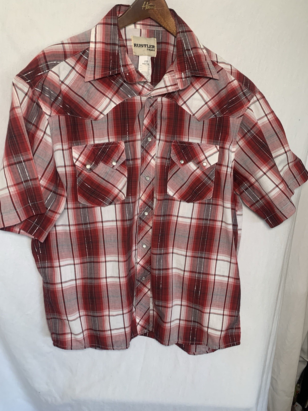Rustler By Wrangler Shirt Red Metallic Plaid Pearl Snap Short Sleeve Western LRG