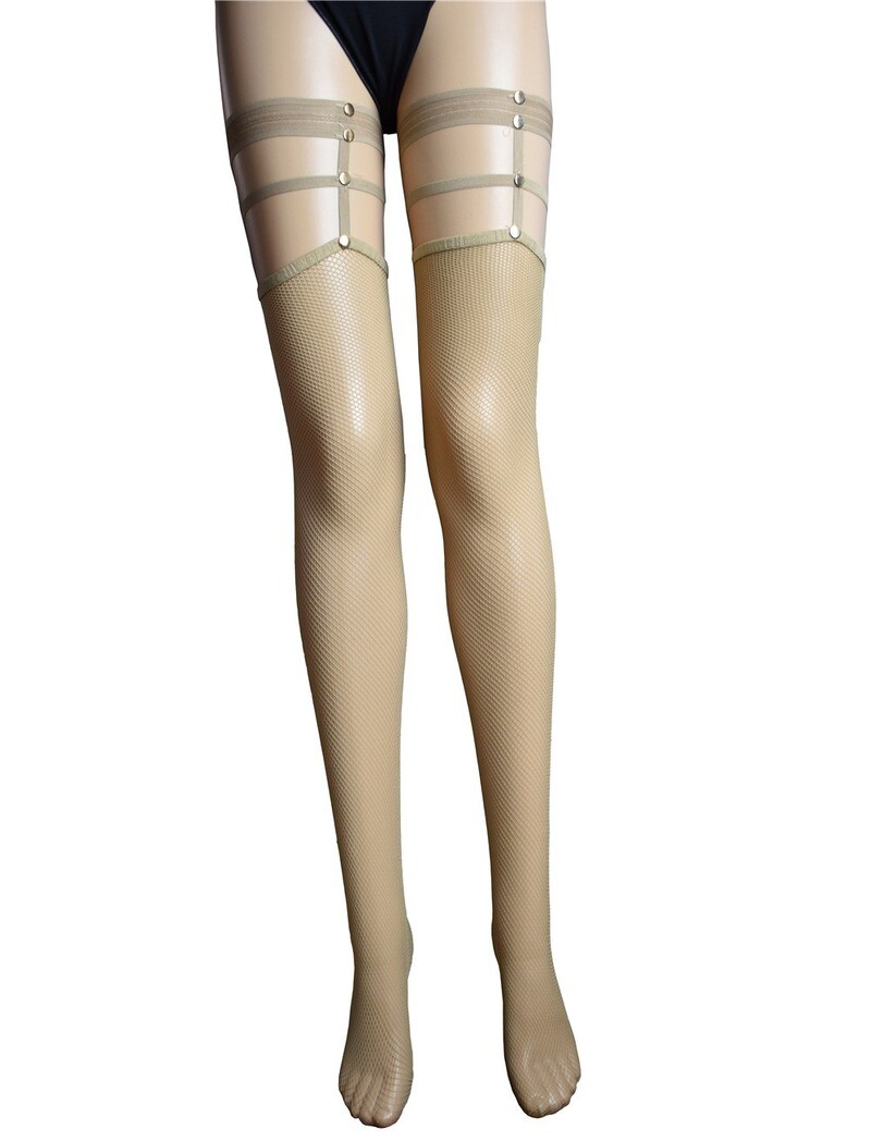 Allacki Elastic Strap Rivet Stay-up Fishnet Stockings Lace Punk Thigh Highs