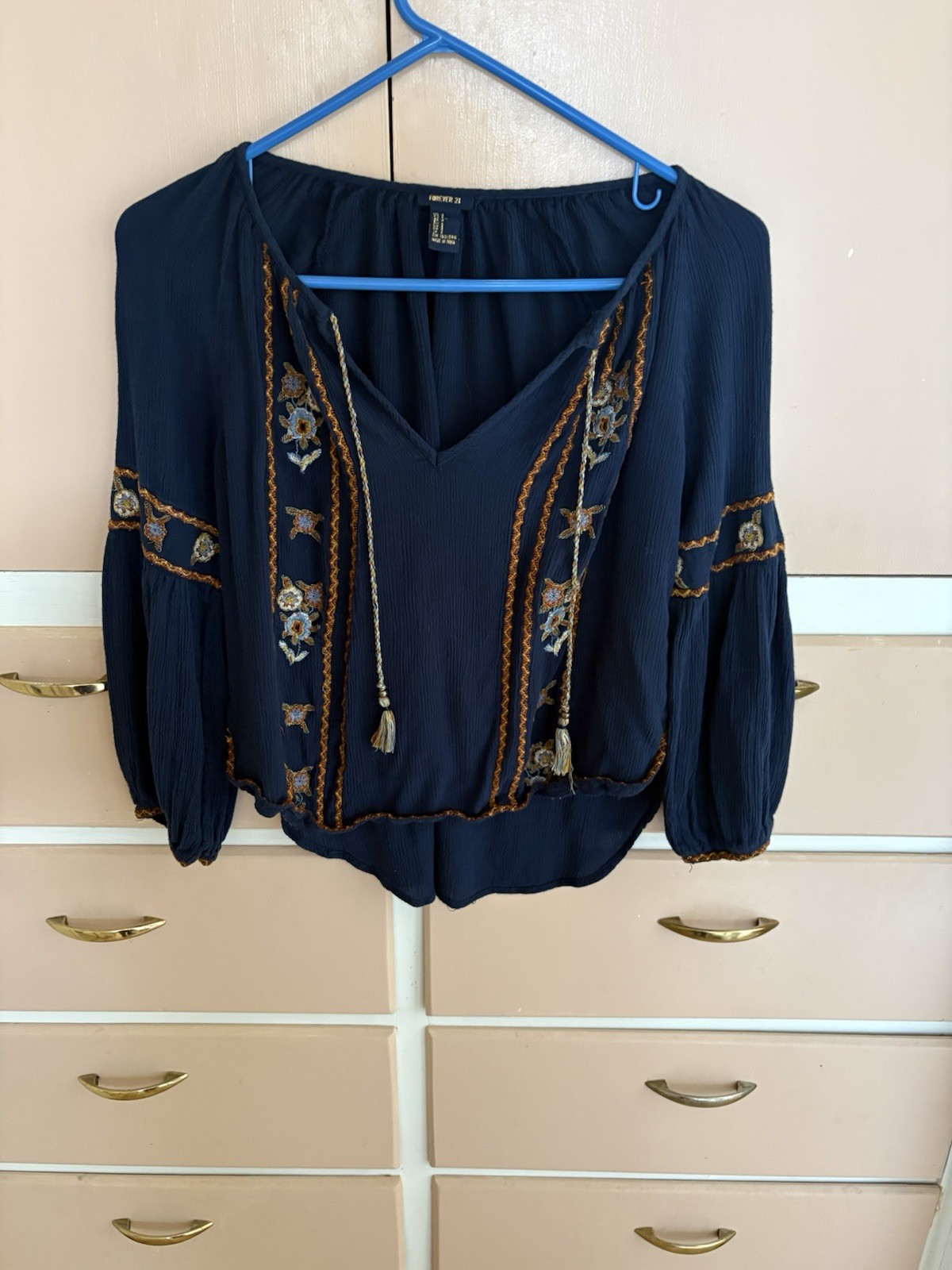 Forever 21 Navy Blue Embroidered Boho Peasant Blouse Size Small