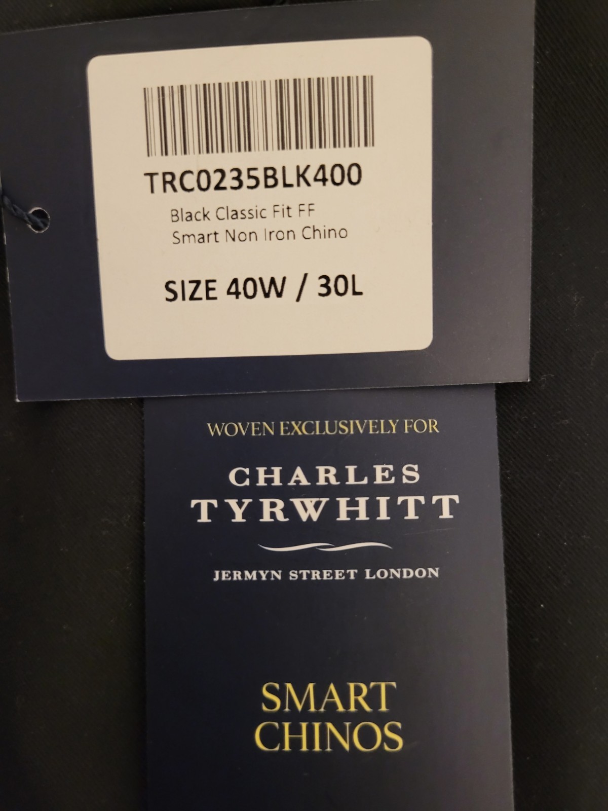 NWT Charles Tyrwitt Smart Chinos Black Classic Fit Non Iron Pants 40×30