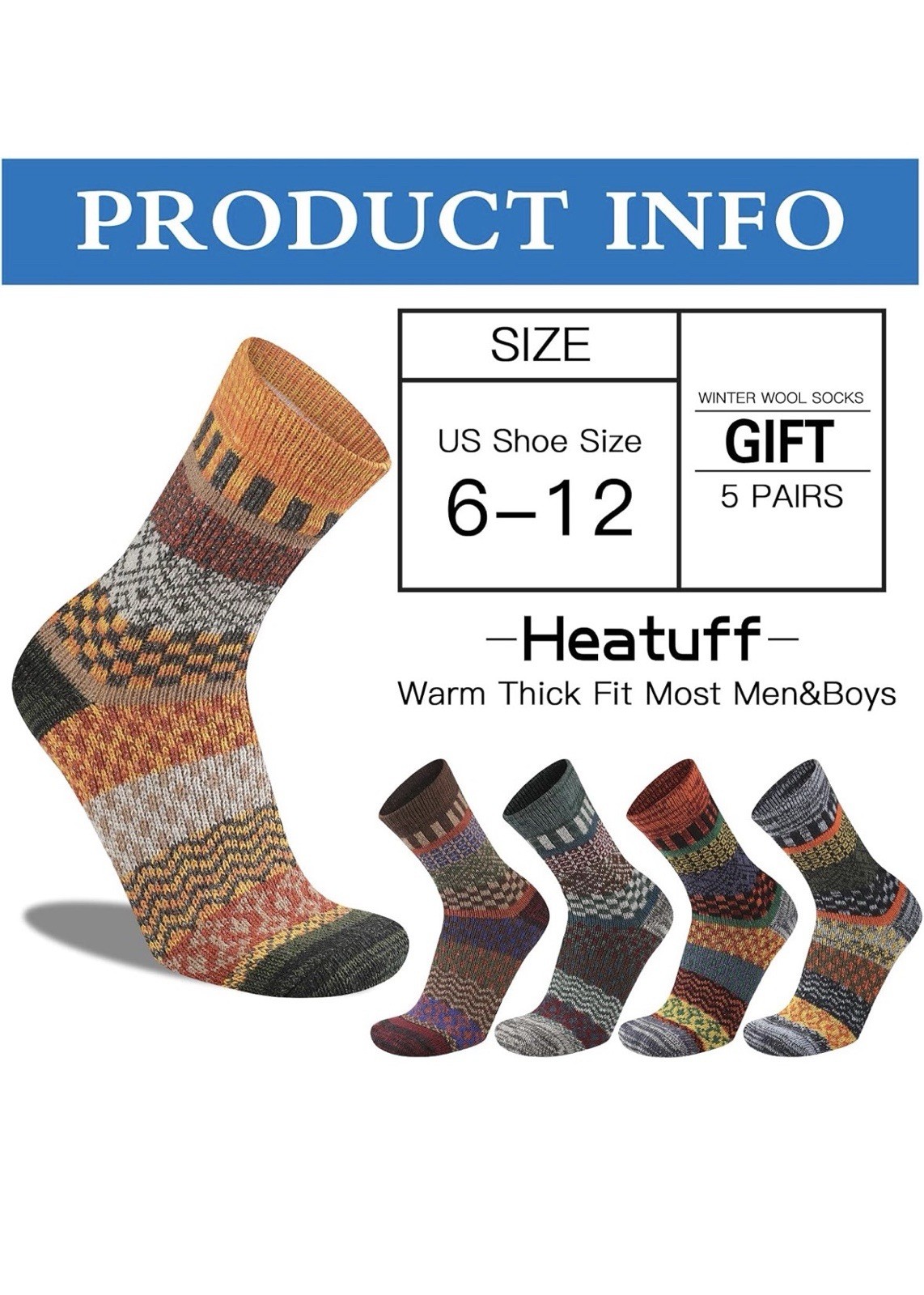 Men’s socks Shoe Size 6-12 Winter Thick Crew 5 Pairs Multicolor