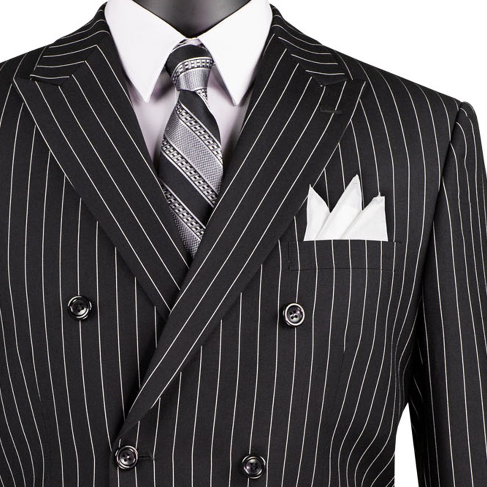 VINCI Men’s Black Pinstripe Double-Breasted Reg-Fit Suit w/ Adj Waist – NEW