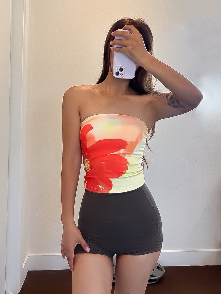 Women’s Strapless Floral Tube Top White/Red Quick-Dry Breathable Fitness Top