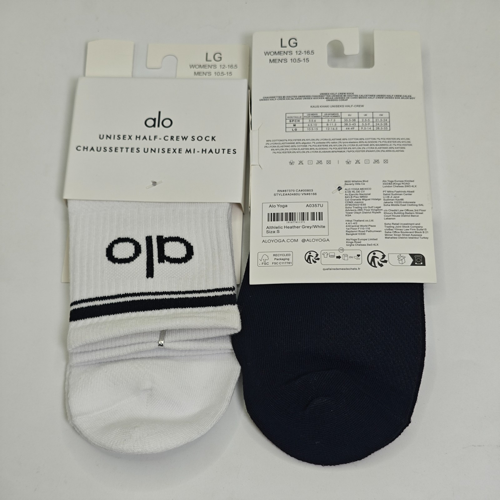 Alo Unisex Half Crew Socks Black White Size L 2 Pairs Bundle