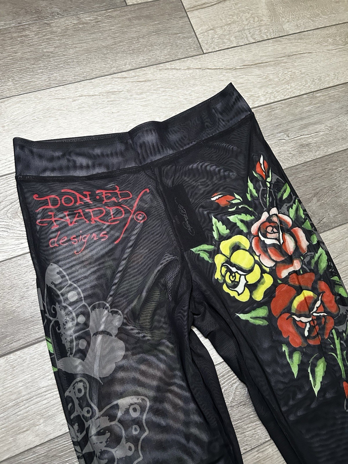 Ed Hardy Women’s Black Mesh Floral Rose Pull-On Stretch Flared Pants M 32″