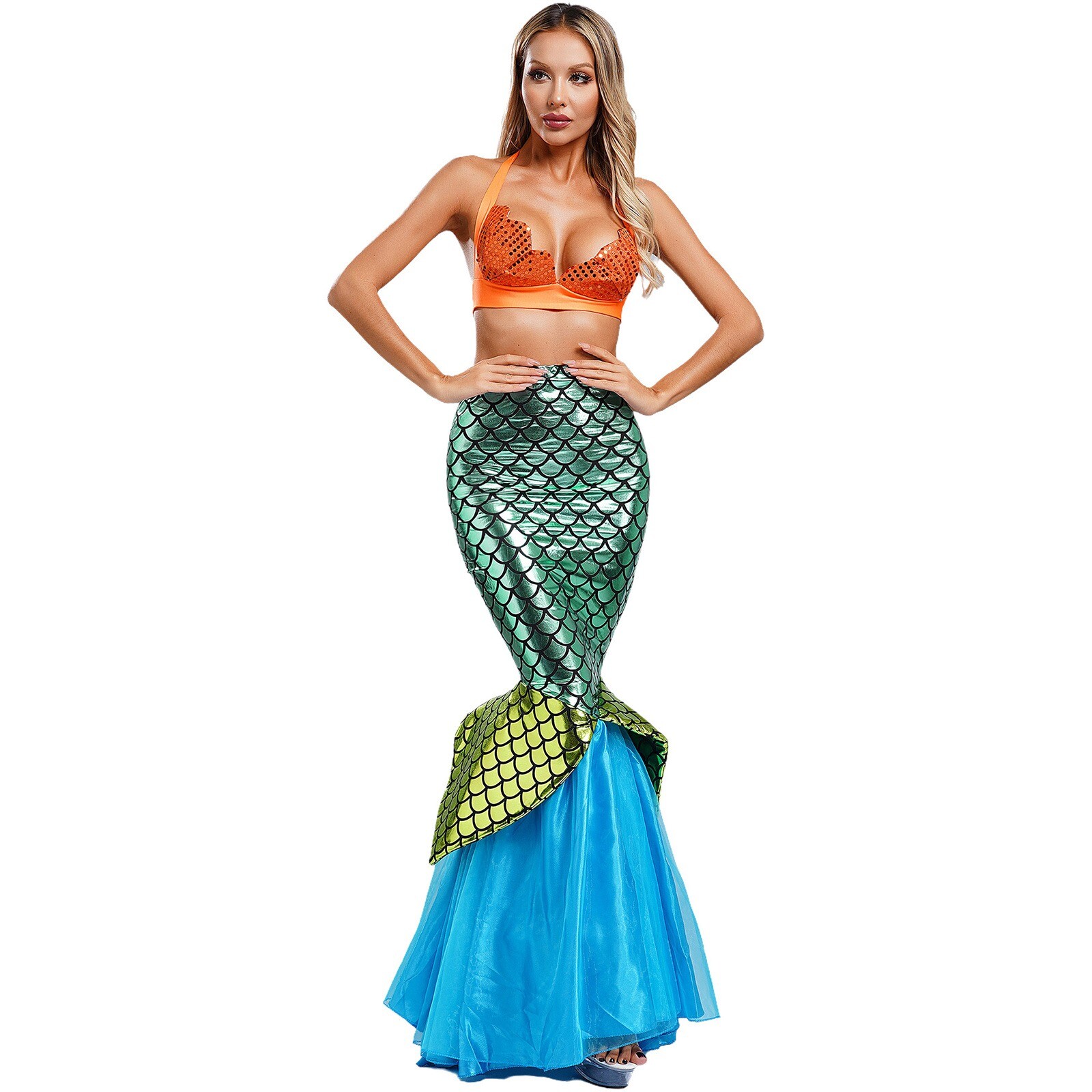 US Womens Halloween Bra And Maxiskirt Cosplay Ladies Mermaid Fish Scale Printing