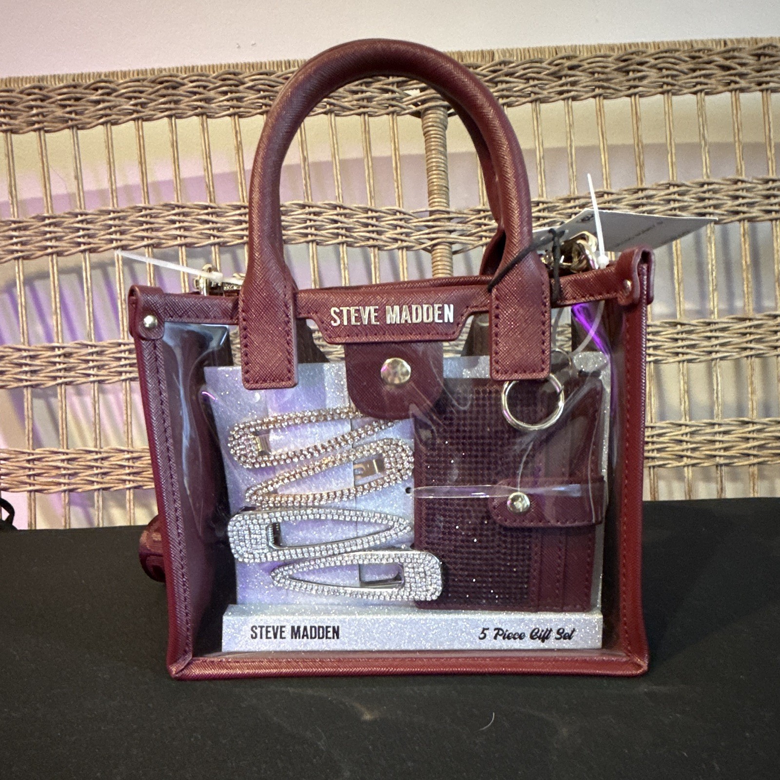 NWT Steve Madden Clear Box Tote With Burgandy Gift Set