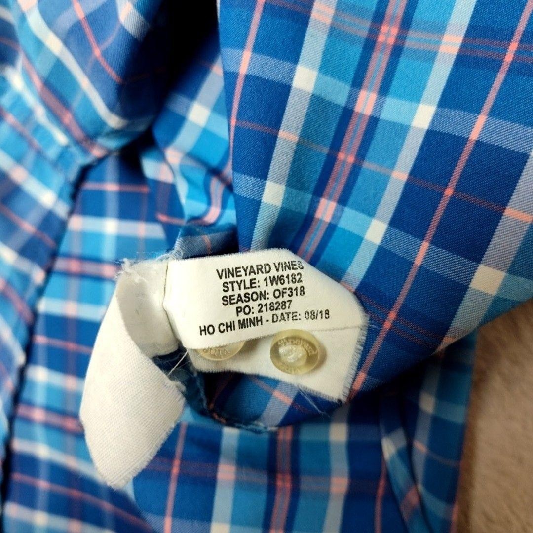 Vineyard Vines Shirt Mens M Blue Plaid Button-Up Whale Shirt Nylon Polyester