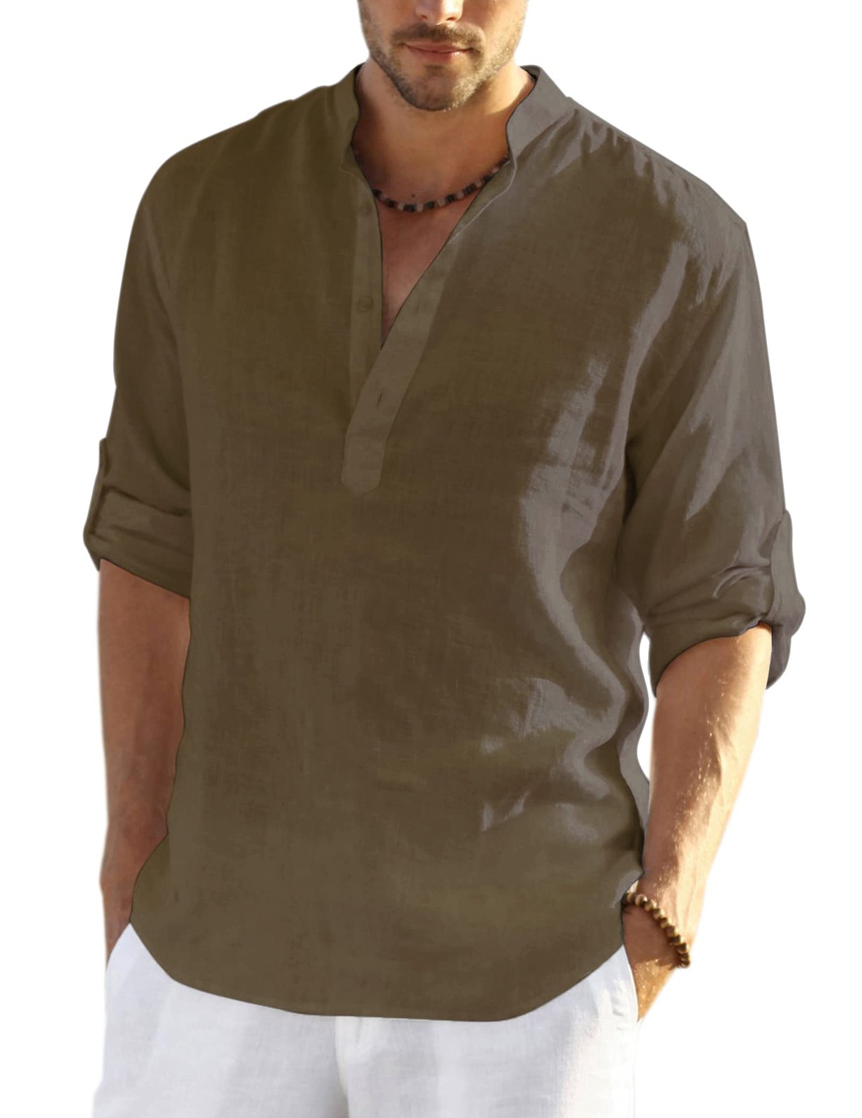 Men’s Cotton Hemp Long Sleeve Casual Beach Henley Shirt(BROWN,XL)