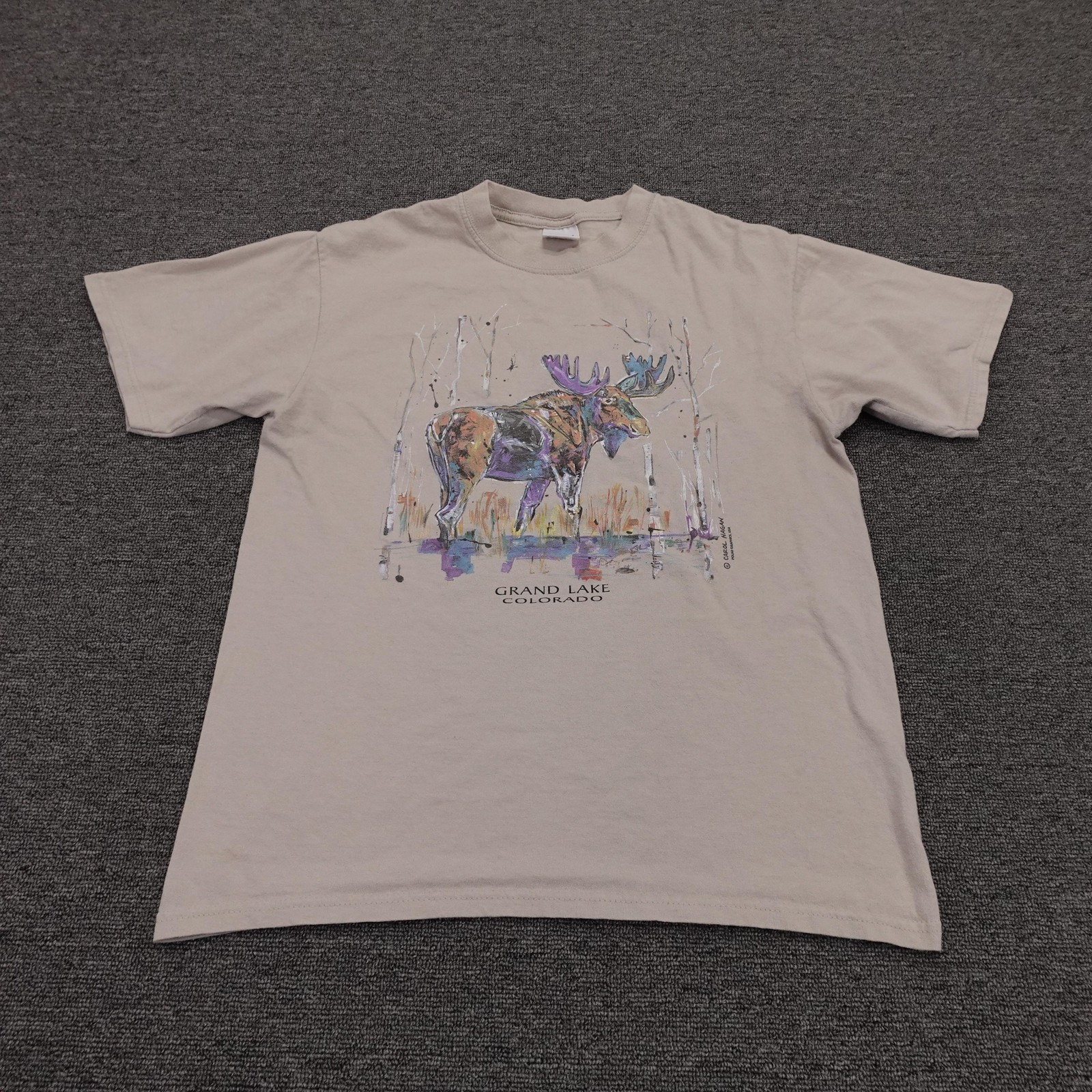 Vintage Grand Lake Colorado Moose Shirt Mens Medium Beige Anvil Graphic Tee 90s