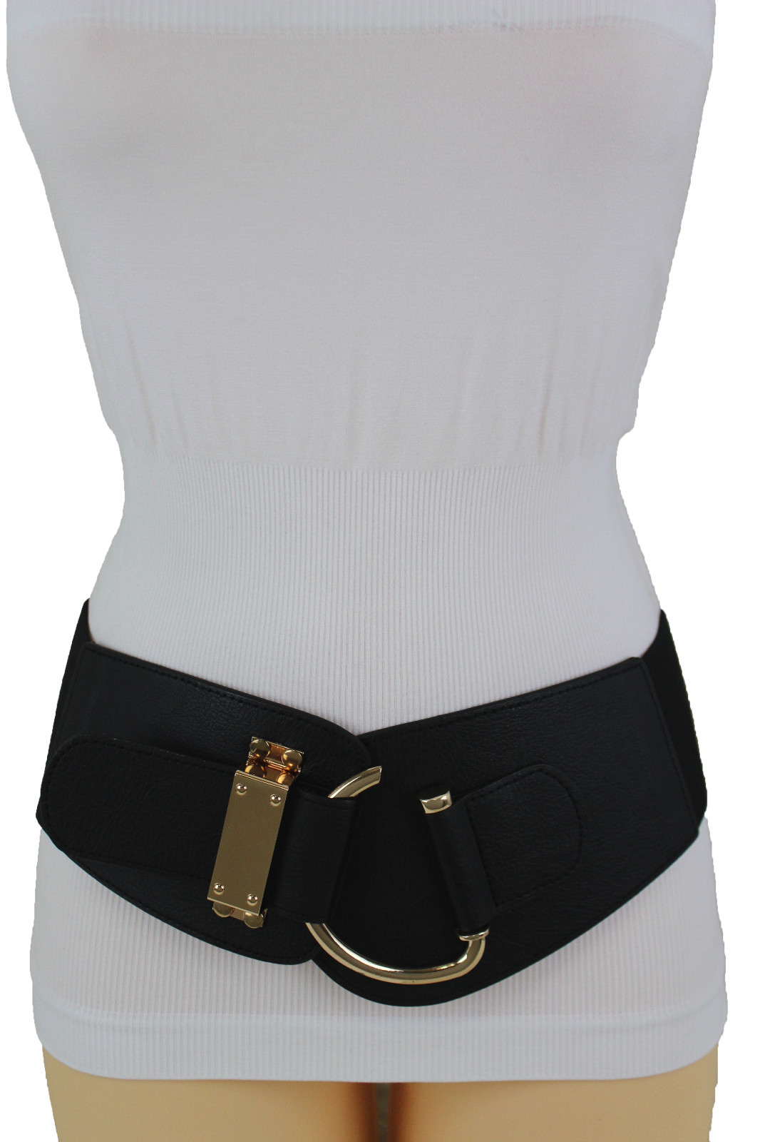New Women Gold Metal Hook Buckle Elastic Black Fabric Cute Belt Plus Size XL XXL