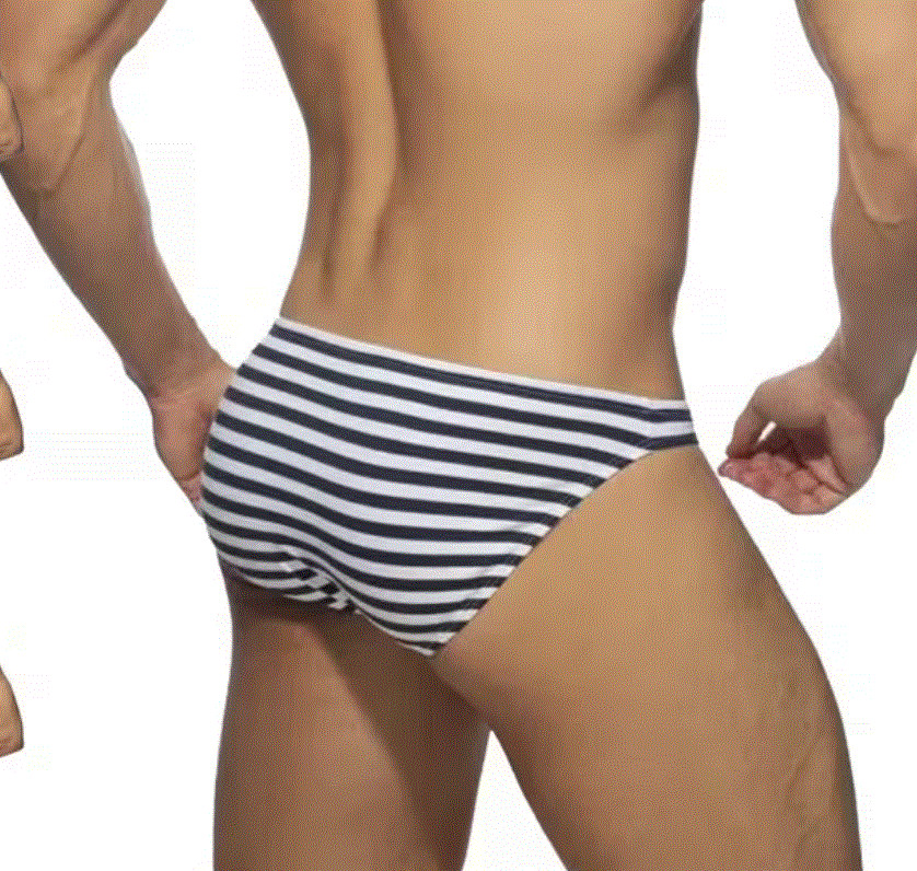 New Men’s Sexy Black & White Stripe Bikini Brief w/Enhancing Contoured Pouch-Gay