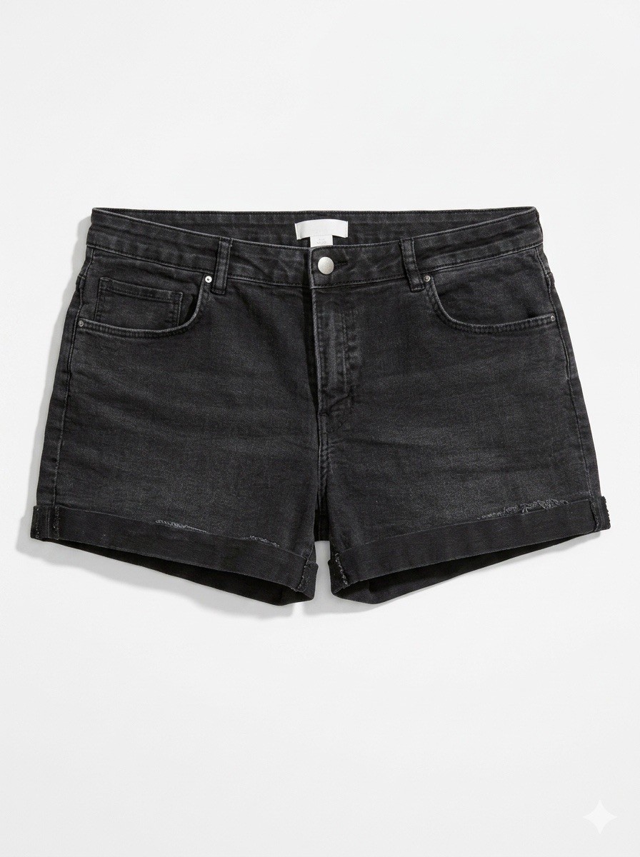 H&M Women’s Washed Black Denim Shorts Size 14 High Waisted 5-Pocket Cuffed Hem