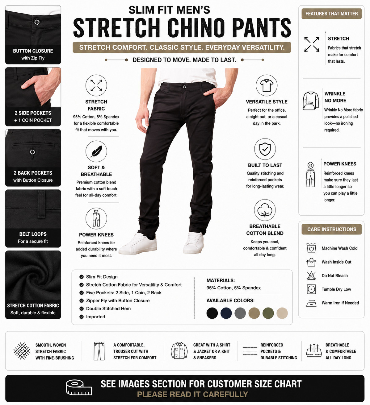 Men’s Stretch Cotton Chino Pocket Casual Pants ( Size 30-42 ) NWT Free Shipping